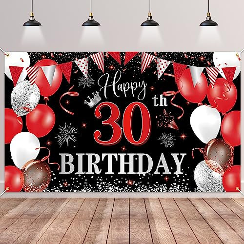 30.Geburtstag Banner Rot Schwarz,BTZO 30.Geburtstagsbanner,Deko 30 Geburtstag Dekoration Banner Hintergrund für 30 Frauen und Männer Geburtstagsfeier Deko