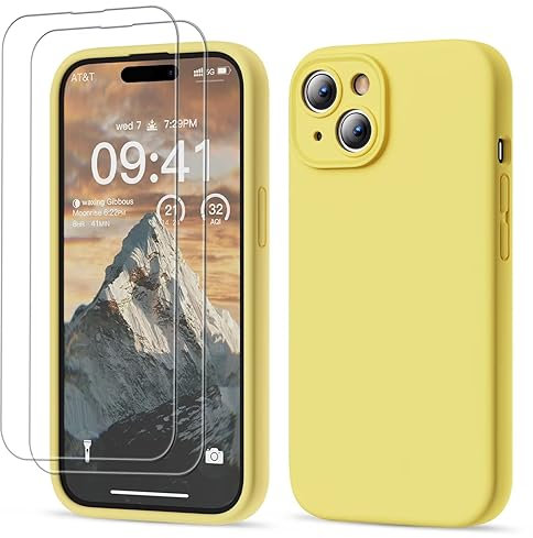 GOODVISH 3 in 1 Designed for iPhone 15 Case Premium Silicone 6.1 (2023)| Upgraded Camera Protection, 2 Pack Screen Protector, Shockproof Anti-Scratch Gel Rubber Slim Phone Case Cover, Yellow