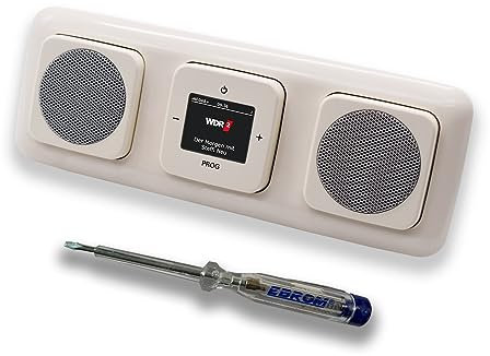 Busch Jäger DAB+ (DAB PLUS) Unterputz Radio 8215U-101 DURO2000 cremeweiß, Komplett-Set mit 2 x Lautsprecher, Abdeckungen, Rahmen + EBROM Phasenprüfer zur Montage der Geräte - 8215 U – 101