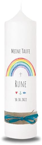 VILLA ROSA LOTTA - Personalisierbare Taufkerze Kommunionkerze Rune mit Wunschdaten und Rückseite I Regenbogen bunt I 25 cm x 7 cm I Taufkerzen für Jungen und Mädchen I Farbe elfenbein weiß