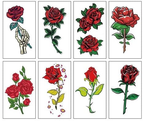 Autocollant Rose Tattoo 8 feuilles Autocollants de tatouage de roses imperméables à l'eauTatouages temporaires de fleurs de roses pour femmes enfants Filles