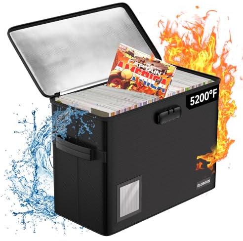 ELOBOON 5200℉ Fireproof Comic Book Storage for 150-175 Comics, Water-Resistant & Moistureproof Stackable Comic Book Box with Label Window and Lock, Sturdy Comic Short Case with Fire Zipper, Black