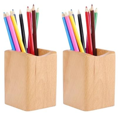 SHOPUKASA Lot de 2 porte-crayons en bois naturel multi-usages - Pot à crayons - Boîte de rangement de bureau (couleur hêtre)