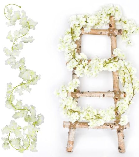 JVBAJV 2 Stück Blumengirlande Deko, Kirschblüten Deko 1.8M, Kunstblumen Hängend, 135 Blütenköpfe Weiß Blumengirlande, Kunstblumen Hängen für Hochzeit Party Haus Garten Bogen Wände