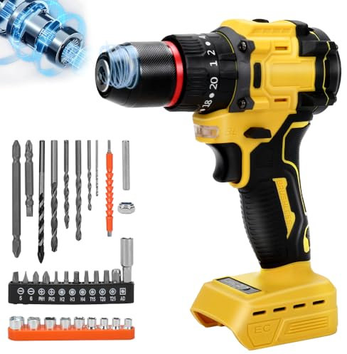 Cordless Drill Driver for Dewalt 18V 20V Max Lithium-Ion Battery, 130Nm Brushless Electric Screwdriver Set with 20+3 Torque, 2-Speed, 10mm Drill Chuck, for Home Garden DIY Project (No Battery)