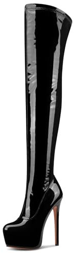 NobleOnly Donna Alto High Spillo Tacco Heel Rotonda Punta Piattaforma Sopra il Ginocchio Stivali Cerniera Ballo Feste Stivali 15 CM Heels Nero 41 EU