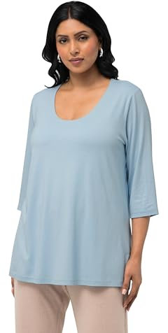 Ulla Popken Damen große Größen Übergrößen Plus Size Shirt, tiefer Rundhalsausschnitt, 3/4 Arm hellblau 54+ 820859700-54+