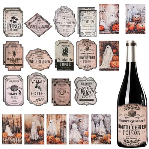 32pcs Retro Halloween Wine Bottle Stickers - Pumpkin Ghost Beer Labels for Potion Bottles - Halloween Drink Decor