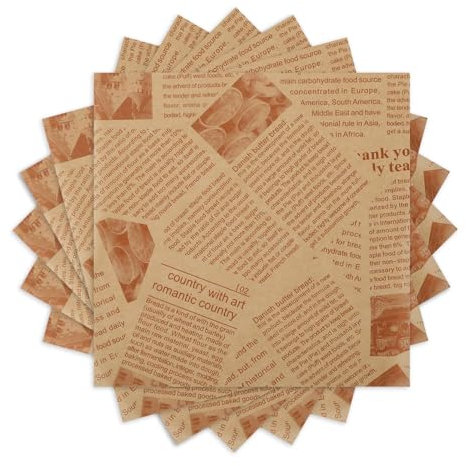 Hugwish 200pcs carta da imballaggio alimentare 22x22cm, carta da giornale alimentare, carta cerata, carta kraft per alimenti oleata per panino, patatine fritte, hamburger (200)