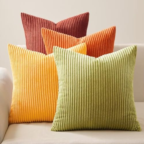 Topfinel Kissenbezug 60x60cm Kissenhülle Herbst gelb orange 4er Set Cord flauschig Kissenbezüge Kissenhülle Sofakissen Dekokissen deko für Sofa Bett Kinder