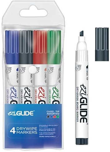 Eziglide 4-Pack Chisel Tip Whiteboard Markers Set – Erasable Dry Wipe Pens for Writing, Whiteboard, Flip Charts, Schools, Teachers - 4 Assorted Colours (Black, Red, Blue & Green)