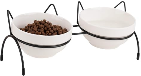 Cat Food Water Bowl Set, Double Ceramic Pet Bowls with 15°Tilted Raised Stand, Elevated Feeding Station with Two Removable Bowls, Raised Cat Bowl, Anti Vomiting Pet Dish Feeder, Kitten and Small Dogs