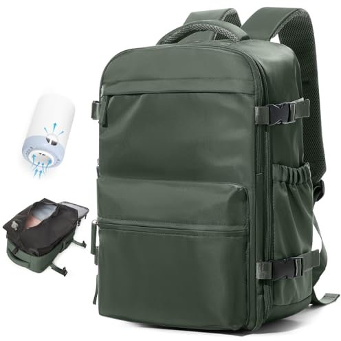 BOXSAM Vakuum Rucksack Handgepäck Flugzeug Tasche Airbag mit Vakuumsystem Reisen Tagesrucksack Esayjet 45x20x36 Rucksack Damen Vacuum Reiserucksack mit Pumpe Wasserdicht Herren Vakuum Koffer Green