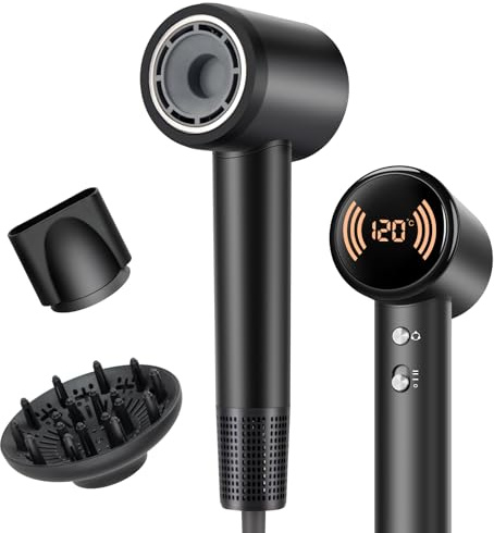 Hair Dryer with Diffuser, Ionic Travel Hairdryer with 110,000 RPM High-Speed Motor for Fast Drying, 1600W Lightweight, Low Noise, Blow Dryer with Concentrator for Women Men, Professional Salon Home