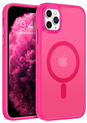 GUAGUA Coque Magnétique pour iPhone 11 Pro 5,8 Pouces, Compatible avec MagSafe, Protection Antichoc Qualité Militaire, Étui Housse Arrière Translucide Givrée, Anti-Empreintes Digitales (Rose Vif)