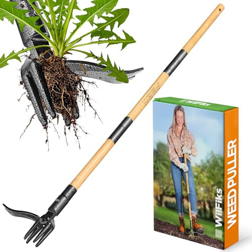 Désherbeur WilFiks, outil robuste et debout avec long manche, plateforme pour les pieds, tête en acier à 4 griffes, outil de désherbage manuel pour jardin en bambou, désherbe en douceur sans