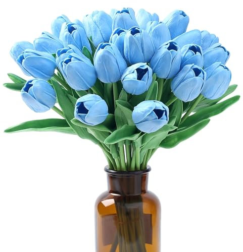 JAONLD Tulipani Finti,15 Pezzi 34 * 4.5 cm Tulipani Artificiali Realistici Fiori Finti per Decorazioni Fiori Tocco Reale,Tulipani Artificiali per Alberghi Festa DIY al Operto Decorazione(Blu lago)