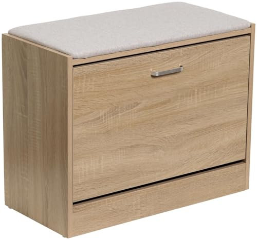 Marvin Panca Scarpiera Porta Scarpe in Legno con Cuscino Seduta in Tessuto 3 Ripiani Anta a Ribalta da Ingresso 30 x 63 x 50H cm (Rovere/Cuscino Tortora)