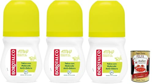 Borotalco Attivo Deo Roll-On Cedro & Lime 48h Anti-Geruch 0% Alkohol 3 x 50ml langanhaltender Schutz mit frischem Zitrusduft für jeden Tag + Italian Gourmet polpa