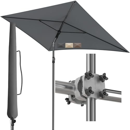Menz Sonnenschirm Balkon - 3-IN-1 Sonnenschutz Balkon SET in Anthrazit, UPF 50+ Sonnenschirm rechteckig 200 x 125cm + stabiler Sonnenschirmhalter Balkongeländer + Sonnenschirmhülle