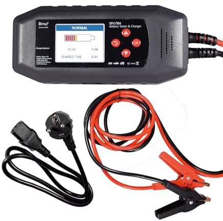Etrogo Caricabatterie-Tester 2-in-1 Universale 12V,Diagnostica Professionale CCA 40-3000,Ricarica Intelligente 8 Fasi (90% Efficienza) AGM/EFB/GEL/LiFePO4 (2–200Ah),Protezione multipla