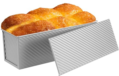 AVSQUINE Non-Stick Pullman Loaf Pan with Lid 13x4 Inch - 2.2lb Carbon Steel Bread Baking Pan with 4 Vent Holes, Heavy Duty Sourdough Loaf Pan with Cover for Homemade Sandwich Bread (Silver)