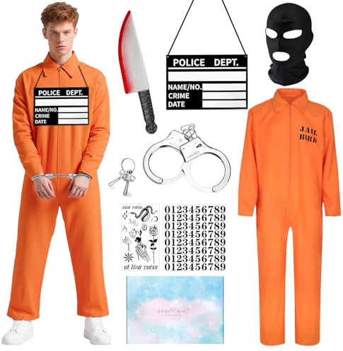 TOSZOLY Häftling Kostüm Herren Damen, Sträfling Kostüm mit Handschellen | Gefängnis Kostüms Orange, Gefangener Kostüms Faschingskostüme, Knast Outfit für Halloween, Karneval und Cosplay