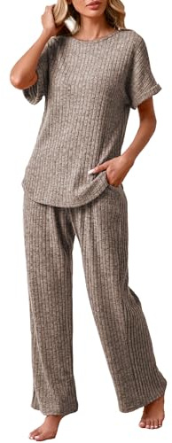 Famulily Wide Leg Loungewear Sets for Women UK Ribbed Knit Leisure Suits Short Sleeve Top and Lounge Pants Pajamas Nightwear 2 Piece Outfits (M, Coffee)