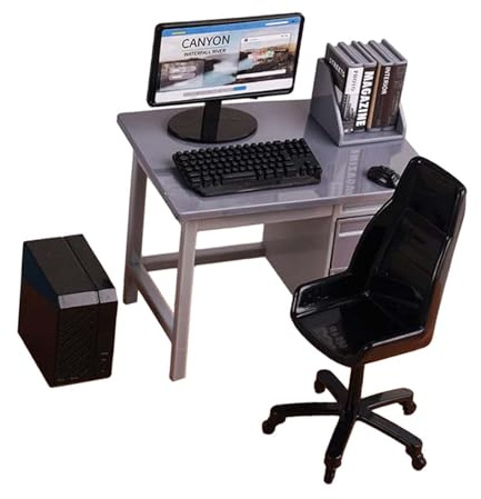 Luwecf Miniatur Schreibtischset Als Fünfteiliges Puppenmöbel Ensemble mit Computertisch Stuhl Und Tastaturmodell für Die Ausstattung von Puppenstuben Und für, Grau