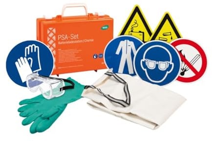 Werotop® 350 Erste-Hilfe-Koffer PSA-Set Batterieladestation/Chemie | mit Chemikalien-Schutzhandschuhen, Schutzschürze, Schutzbrille und Warn- und Gebotszeichen