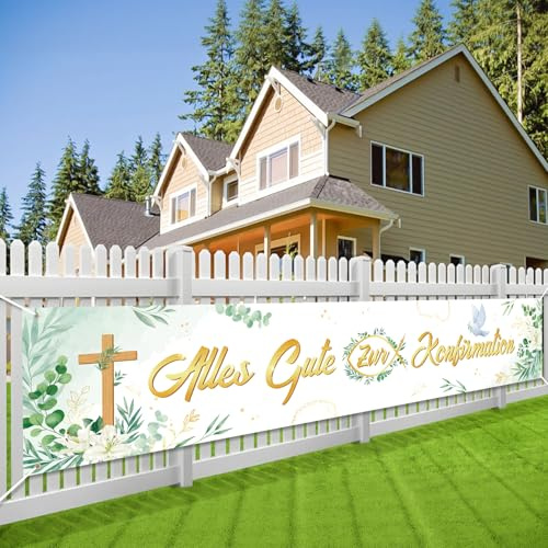 DPKOW Alles Gute Zur Konfirmation Banner Deko Eukalyptus Grün Elegant, Jungen Mädchen Konfirmation Deko für Garten Haus Wand Außen Absperrband Tischdeko Konfirmationsdeko, 270 * 50 cm