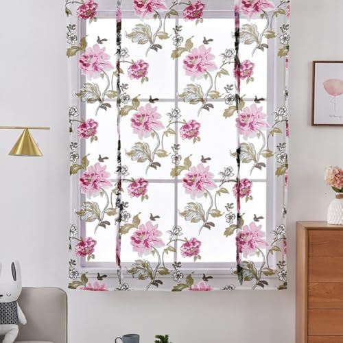 Voilage court imprimé pivoine avec passe-tringle pour chambre à coucher, balcon, porte et battant, utilisation à la maison et dans les espaces professionnels (rose)