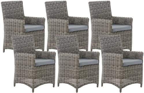 CLP Gartenstuhl 6er Set Fontana, Polyrattan Gartenstühle, Hochlehner mit Sitzkissen, Wetterfeste Garten-Sessel mit Armlehnen, Outdoor Stuhlset, Farbe:grau-meliert, Polsterfarbe:Eisengrau