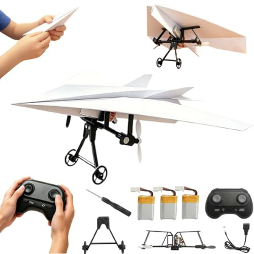 Rc Paper Airplane Kit - DIY Electric Remote Control Plane with Gyro Stabilizer,Dual Propellers Rc Plane Kit,Lightweight Foldable Flying Stem Toy Micro Fixed Wing Drone,Cool Tech Gadgets Gifts
