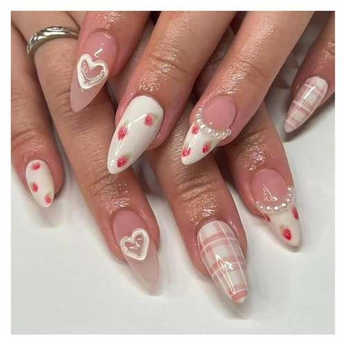 24Pcs Pink Cat Eye With Heart & Strawberry Designs Fake Nail Glossy Almond Press On Nails Manicure Kit(Y18)