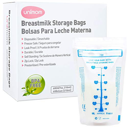 Unimom Aufbewahrungstaschen für Muttermilch, selbststehend, gefriergeeignet, auslaufsicherer Reißverschluss, vorsterilisiert, BPA-frei, markierte Messungen – 200 ml