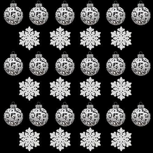 30 Stück transparente, weiße Kugeln mit Wirbelmuster für Weihnachtsbaum- und Weihnachtsdekoration – bruchsicherer 60-mm-Glitzer-Schneebälle aus Kunststoff