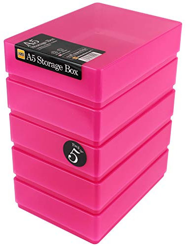 WestonBoxes A5 Plastic Craft Storage Boxes with Lids for Art Supplies, Paper and Card - 1.8 Litre Volume (Pink, Pack of 5)