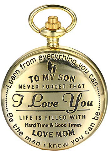 JewelryWe Taschenuhr Herren mit Gravur 'to My Son, Love Mom', Quarz Analog Uhr mit Kette Halskette Mutter und Sohn Familie Geschenk Gold