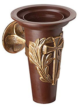 Portafiori in bronzo - Decorazione Croce - Vaso in plastica - Attacco a braccio [P.03.1702/16/PL]