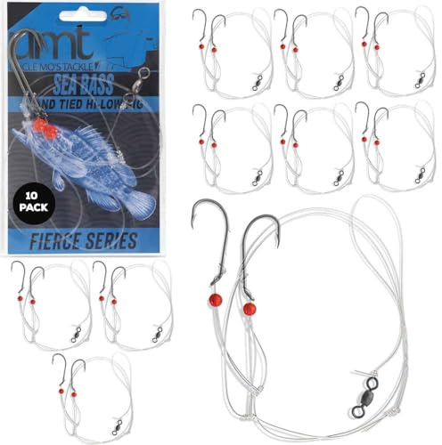 UMT Sea Bass Hi/Lo Saltwater Fishing Rigs 1, 5 &10 Pack, 3/0 Bait Hook, 60lb Heavy Duty Mono, 80lb Swivel & Sinker Loop, Hand Tied for Fluke Porgy Snapper Croaker Sea Trout Tautog Spot Pompano