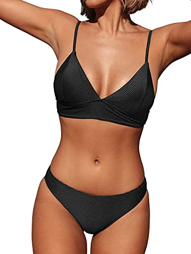 CUPSHE Damen Bikini Set Triangel Bikini Bademode Low Rise Brazilian Gerippter Zweiteiliger Badeanzug Swimsuit Schwarz XL
