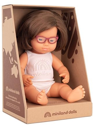 Miniland europäisches Mädchen 38cm mit Down-Syndrom, mit Brille,in Geschenkschachtel, 31111, Weiß
