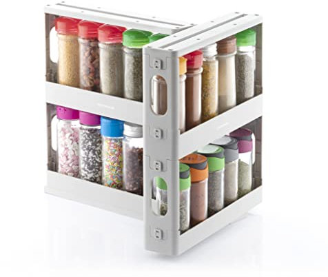 InnovaGoods® Organizzatore di spezie scorrevole e girevole, Capacità: 20 contenitori classici, Rispick InnovaGoods, rotazione di 90º, 2 ripiani e 2 altezze, Dimensioni aprox: 10 x 28 x 28,5-45 cm