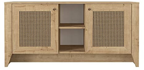 moebel17 8843 Madura Sideboard Kommode Flurschrank Mehrzweckschrank, 2 Türen, Holzoptik, mit Geflecht Muster, Beige, Metall Griffe, 150 x 74 x 45 cm