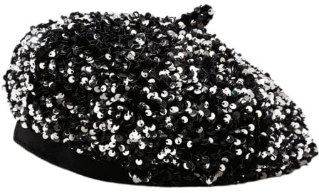 Damen Bling Pailletten Glitzer Klassische französische Barett Performance Hut Slouchy Cap Beanie, Silberfarben, Einheitsgröße