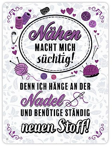 Nähen macht mich süchtig Metallschild XL in 21x28 cm als Dekoration für das Nähzimmer von Mama und Oma mit makabrem Witz über Drogen