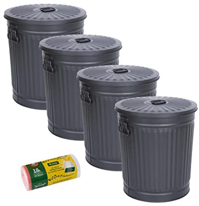Jinfa Lot de 4 poubelles en métal avec poignées et couvercle + 50 sacs poubelle | Noir | 18L