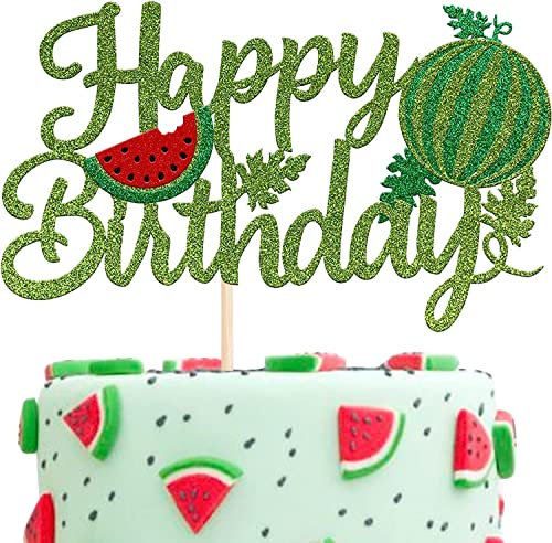 1 Stück Happy Birthday Tortendeko, Glitzer Wassermelone Cake Topper Pick Watermelon Geburtstag Kuchen Deko für Obst Thema Kinder Geburtstag Party Cupcake Dekoration Zubehör