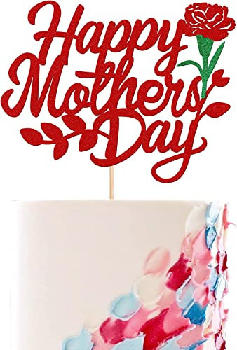 1 Stück Happy Mother's Day Tortendeko Glitzer Herz Liebe dich Mama Cake Topper Kuchen Deko für Mother's Day Party Rose Flower Mom Cake Decoration Rot
